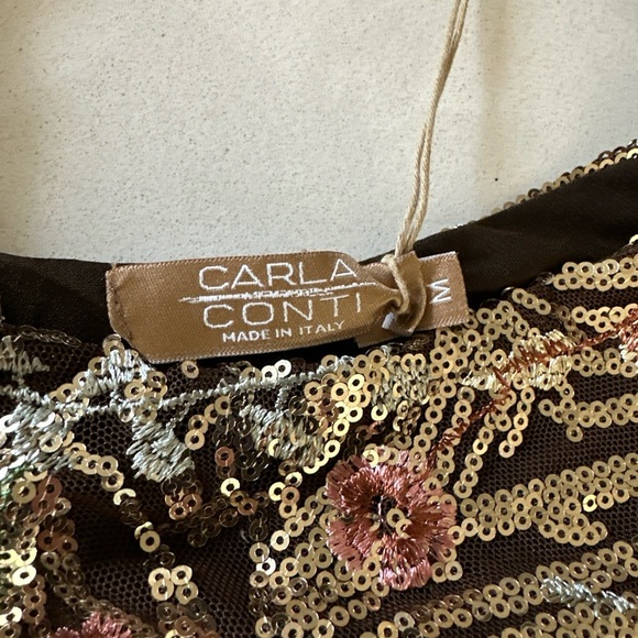 NWT Carla Conti Evening Party Dress Embroidered Flowers Brown Size Made In Italy - Picture 6 of 10
